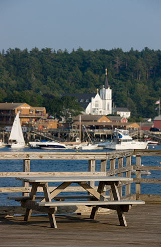 picnic table overlooking Boothbay Harbor